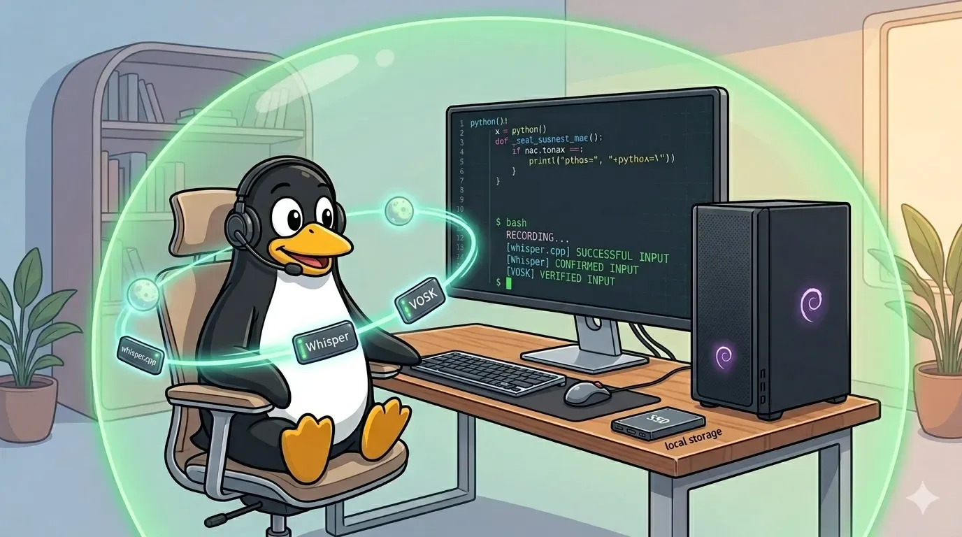 Vocalinux on Linux — three engines, zero cloud, all local — image generated via Nano Banana