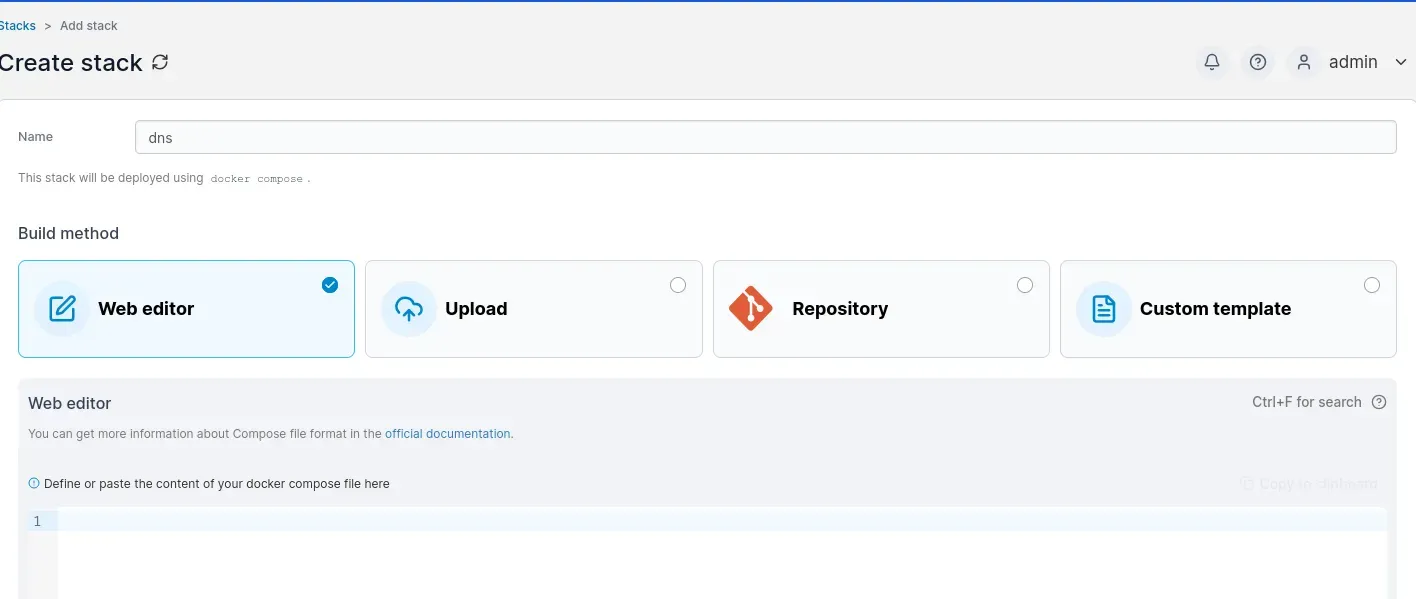 Using the web editor for writing our docker-compose.yml file