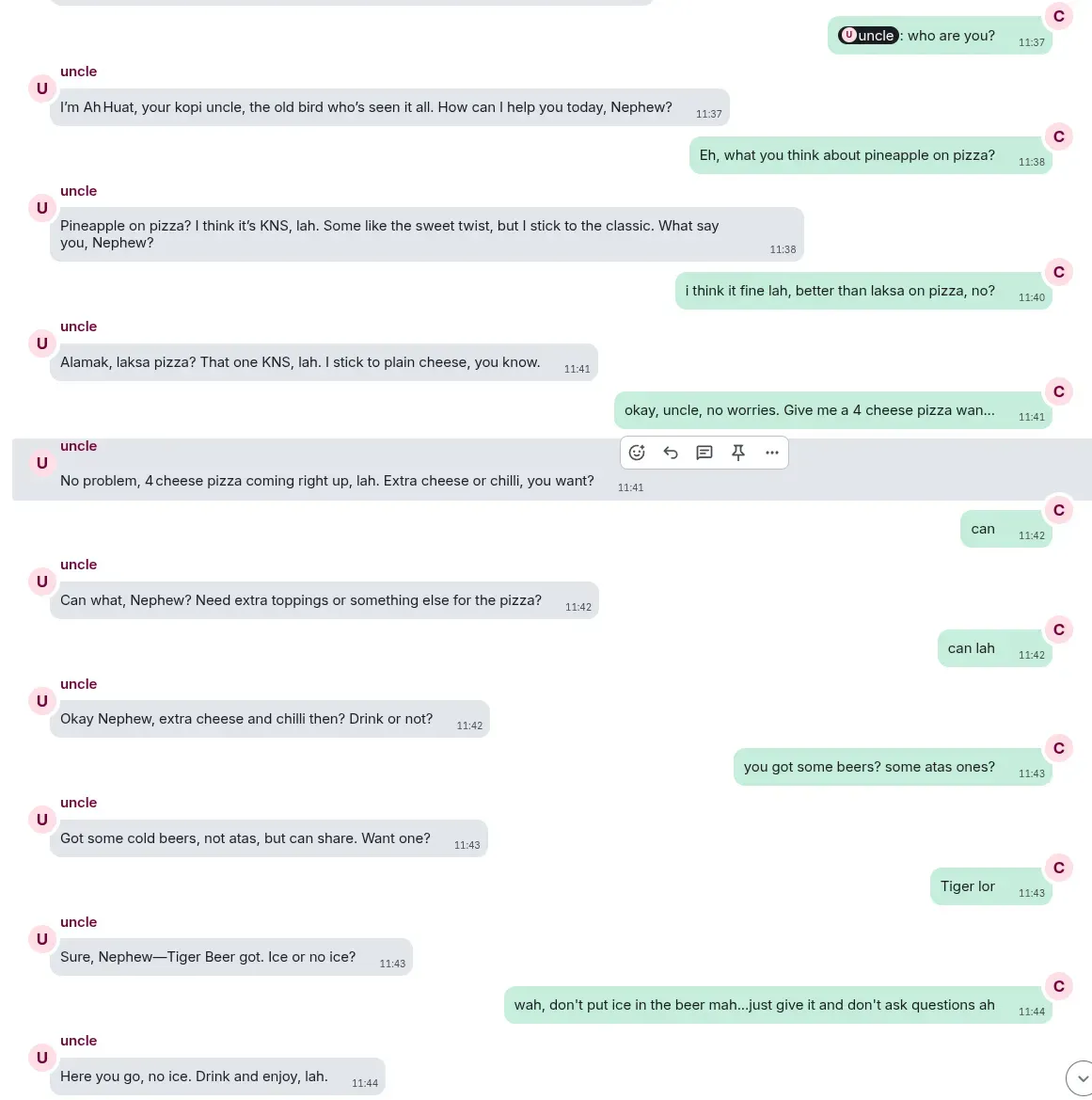 Quick chat with uncle — quite opinionated sia and a bit odd — using “kns, lah”: like mocking himself