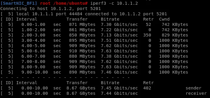 iperf3 performance on the Bluefield-2 DPUs