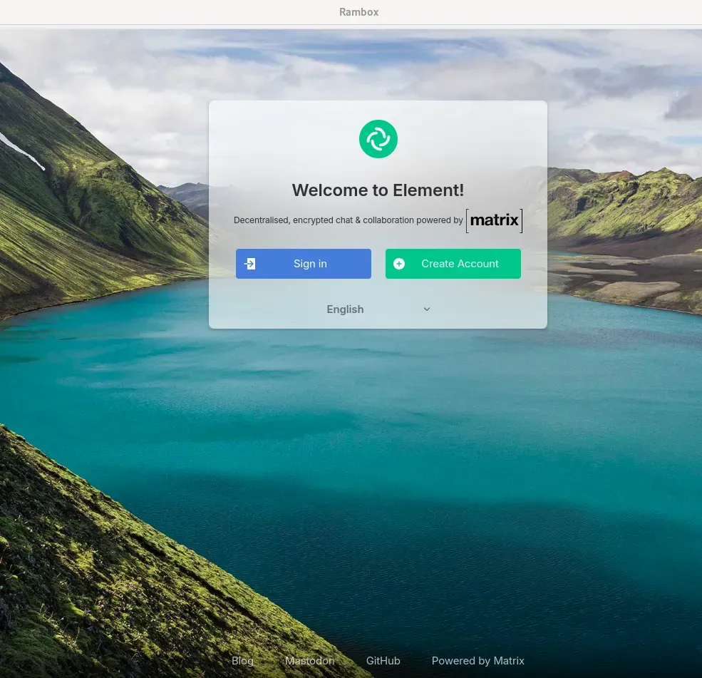 The starting window of the Element application