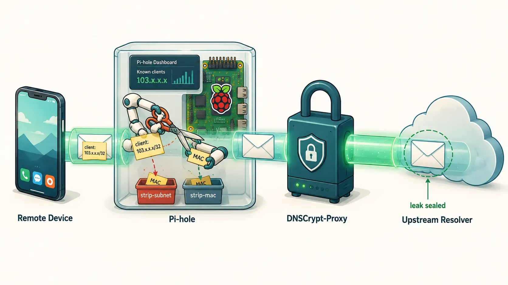 We direct Pi-hole to remove stip the EDNS client subnet info and avoid leakage — image generated via chatGPT