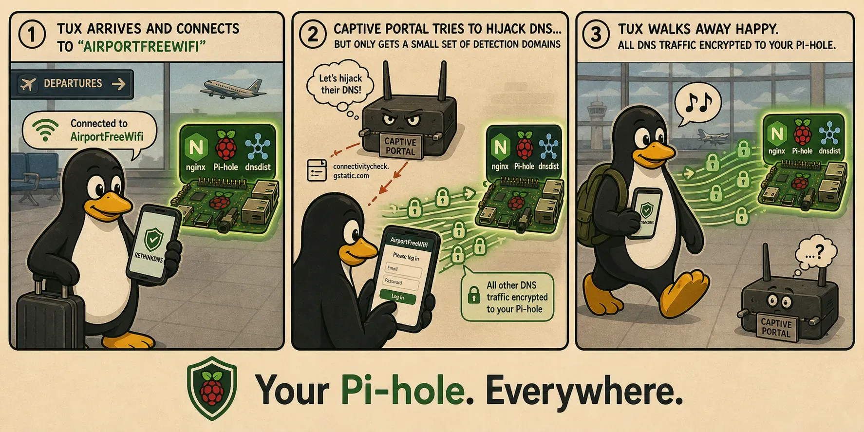 Using RethinkDNS enables us to connect everywhere and bring our Pi-hole with us to everywhere without a hassle — Image generated via ChatGPT