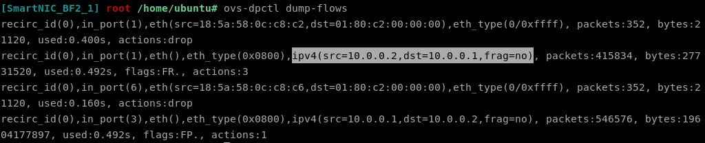 output of ovs-dpctl dump-flows when flow caching is not offloaded to the hardware
