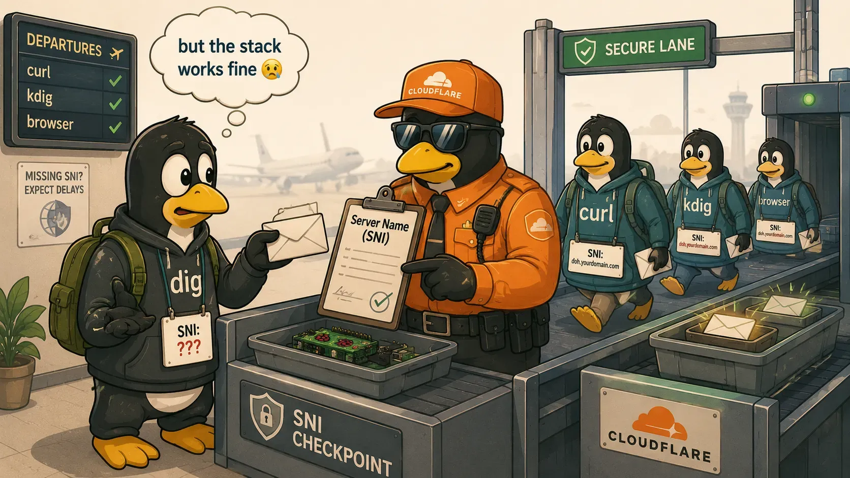 Four hours of debugging. The stack was fine. dig just wouldn’t show its SNI to the door — Image generated via ChatGPT