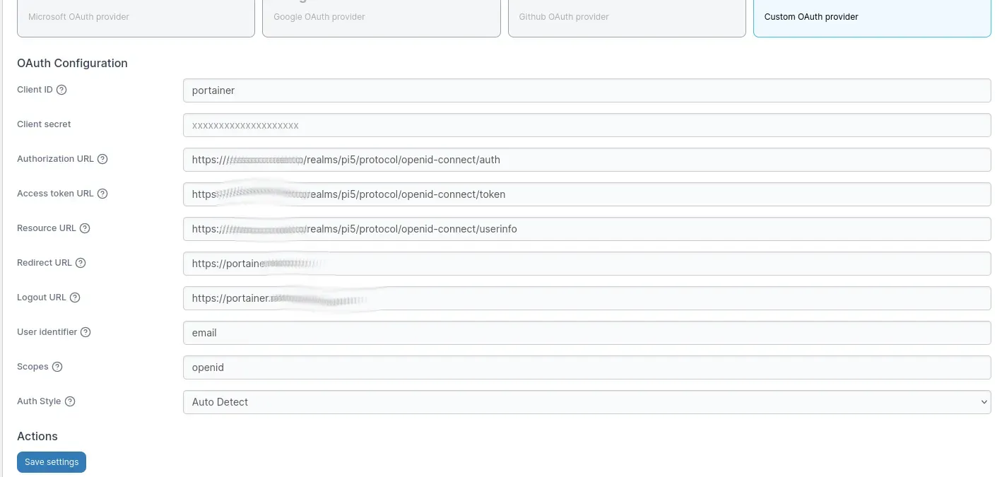 Oauth settings in portainer