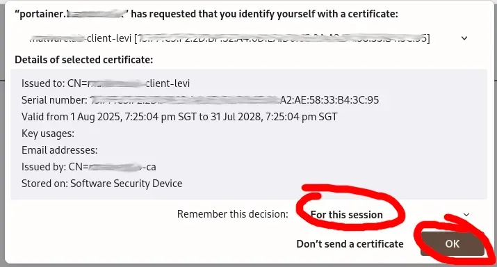 pop-up from our browser to send the client certificate to the server